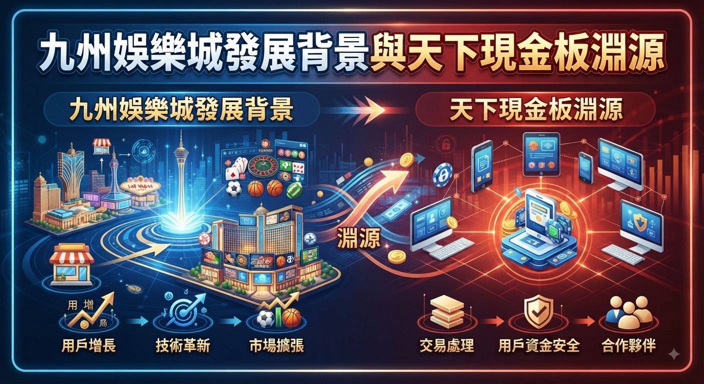 圖片展示了九州娛樂城的發展背景與天下現金板的淵源，透過科技感與圖表設計呈現兩者之間的關聯。 畫面頂部醒目地標示出「九州娛樂城發展背景與天下現金板淵源」的主標題。